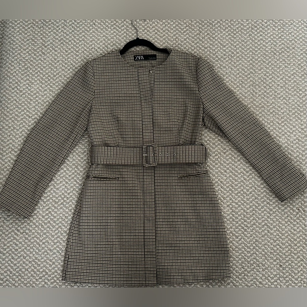 Zara Women's Belted Houndstooth Frock Blazer